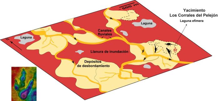Reconstrucción del ambiente donde se originó el yacimiento de Los Corrales del Pelejón y modelo 3D de una de las icnitas de dinosaurio terópodo,