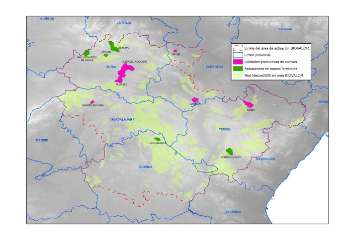 Mapa del área de actuación de BIOVALOR con una preselección de áreas demostrativas