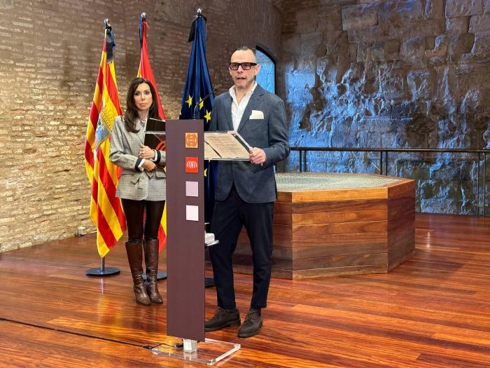 El director general de Cultura, Pedro Olloqui, y la presidenta de las Cortes de Aragón, Marta Fernández, han presentado hoy el proyecto expositivo 'Goya. Del museo al palacio'.