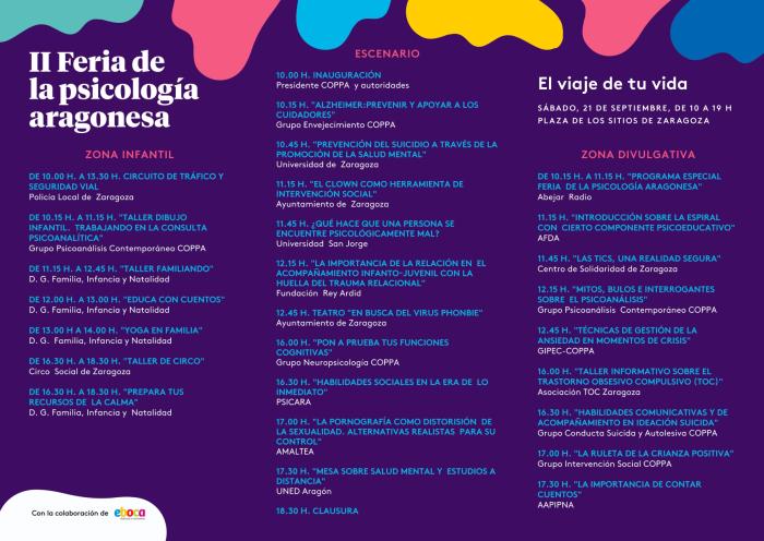 La II Feria de la Psicología Aragonesa se va a desarrollar este sábado 21 de septiembre en la plaza de Los Sitios de Zaragoza