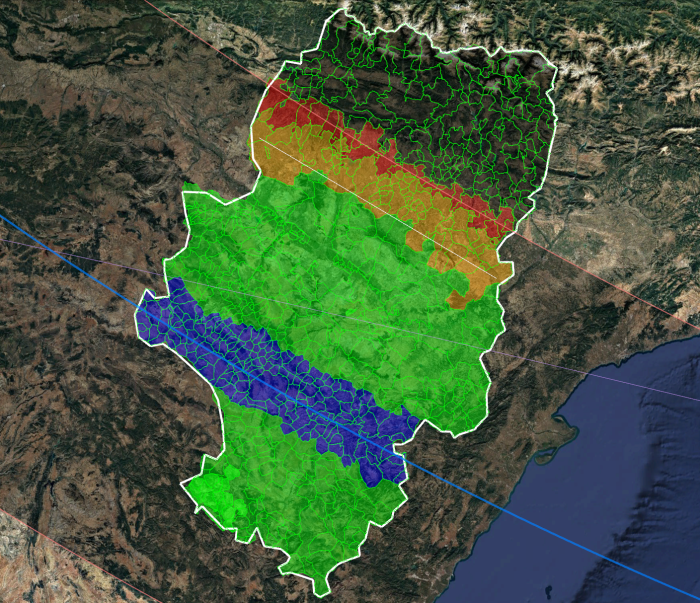 En el mapa, la franja azul señala las zonas de la comunidad en las que el eclipse tendrá mayor visibilidad (1 minuto 43 segundas). En verde, las zonas en las que se verá más de un minuto.