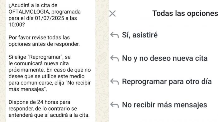 Mensaje que van a recibir los ciudadanos para poder reprogramar su cita, gracias al proyecto TuCitaSALUD