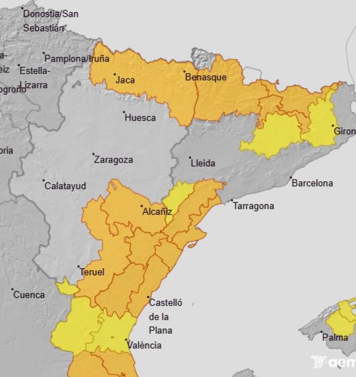 Aviso naranja por lluvias y aviso amarillo por tormentas en Pirineo oscense, Gúdar y Maestrazgo y Bajo Aragón