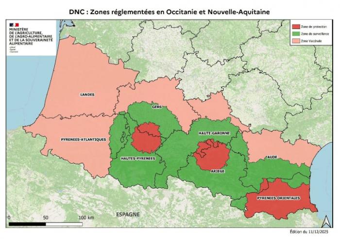 Mapa de zonas afectadas por DNC en Francia limítrofes con Aragón.