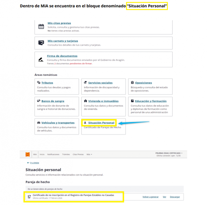 Vista previa de la ruta para consultar y descargar el certificado en MiA