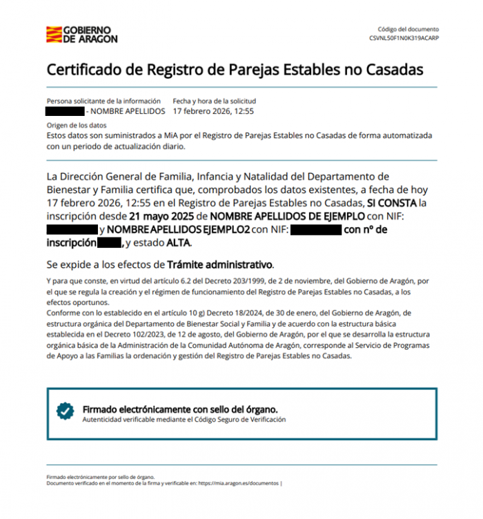 Ejemplo del certificado en el Registro de parejas estables no casadas