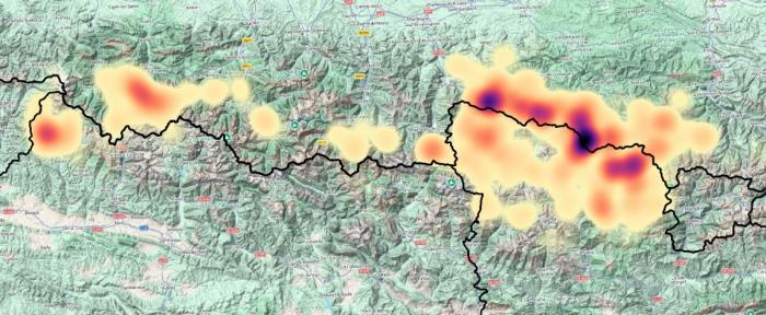 Distribución de ejemplares de oso en el conjunto del Pirineo durante los años 2024 y 2025.