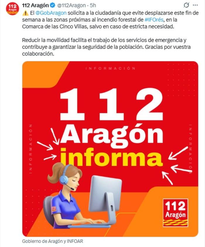 El Gobierno de Aragón solicita a la ciudadanía que evite desplazarse este fin de semana a las zonas próximas al incendio forestal.