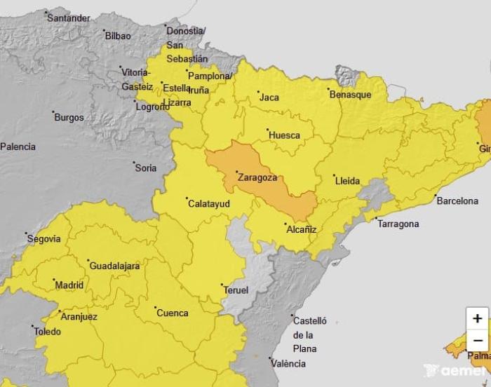Avisos naranja y amarillo por temperaturas máximas, este domingo, en gran parte de Aragón