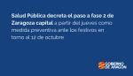 Salud Pública decreta el paso a fase 2 de Zaragoza capital a partir del jueves como medida preventiva ante los festivos en torno al 12 de octubre