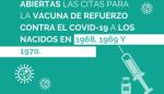 Abiertas las citas de la dosis de refuerzo contra el COVID-19 para los nacidos en 1968, 1969 y 1970