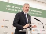 El presidente Jorge Azcón, durante el acto de primera piedra de 608 viviendas públicas en Zaragoza.