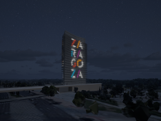Simulación gráfica de la futura iluminación de la Torre del Agua incluida en el estudio previo realizado por Oboria.