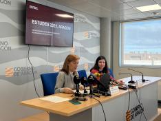 La directora general de Salud Pública, Nuria Gayán, y la jefa de Servicio de Prevención y Programas de Salud Pública, Ana Clavería, durante la presentación de los resultados de la encuesta ESTUDES 2025 en Aragón.