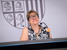 La consejera de Agricultura, Ganadería y Alimentación, Arancha Simón, durante la presentación del avance de Macromagnitudes del Sector Agrario Aragonés 2025 en la sala de prensa del Edificio Pignatelli.