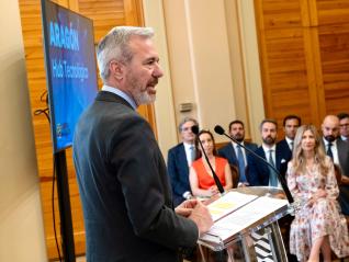 El presidente Azcón, durante la presentación del centro de datos de ACS y Benbros Energy.