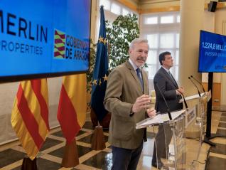 Jorge Azcón e Ismael Clemente, consejero delegado de Merlin Properties, han presentado el nuevo proyecto de centro de datos que la compañía desarrollará en Botorrita.