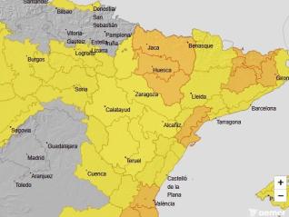 Huesca, en aviso naranja por lluvias y tormentas, y Zaragoza y Teruel, en nivel amarillo.