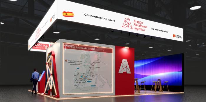 Imagen recreada del stand de Aragón Plataforma Logística en Munich.