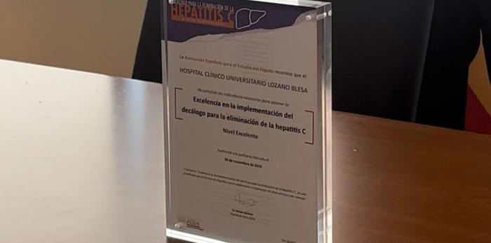 El consejero de Sanidad en funciones, José Luis Bancalero Flores, junto a responsables del Hospital Clínico Universitario Lozano Blesa y de la AEEH, durante la reunión mantenida con motivo del Certificado de Excelencia en hepatitis C.
