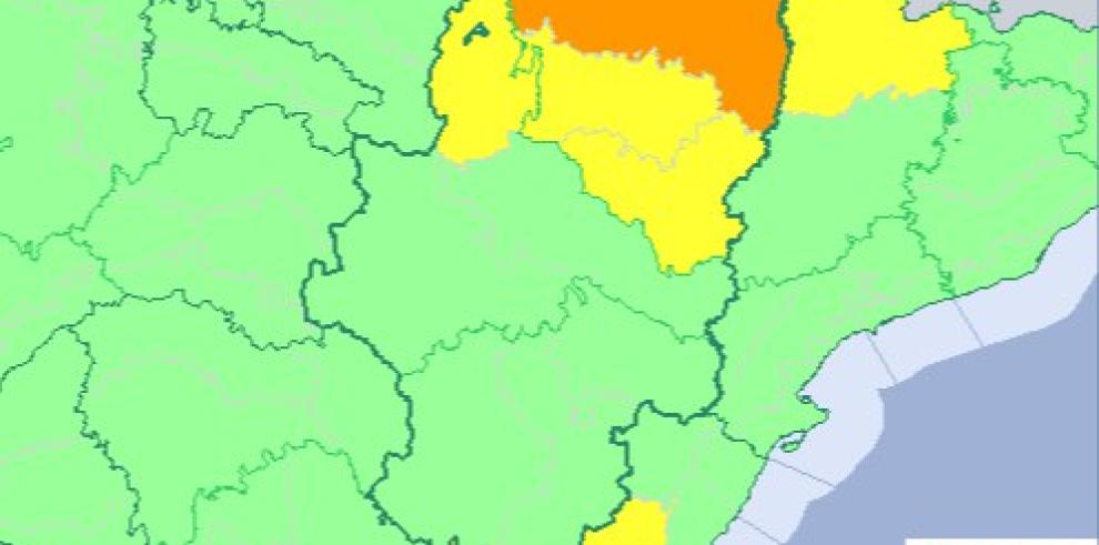 Aviso naranja por lluvias en el Pirineo y avisos amarillos por tormentas, lluvia, deshielo y viento en diversas zonas de Aragón.