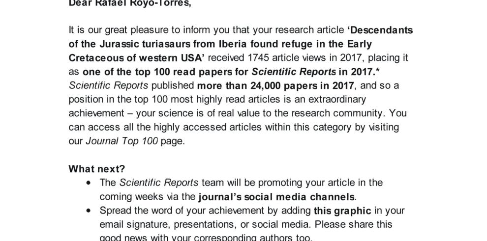 La investigación del Mierasaurus, liderada por paleontólogos de Dinópolis, entre las 100 más leídas de la revista Scientific Reports en 2017 