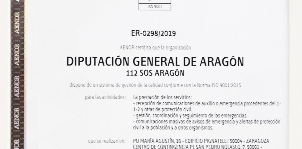 El Centro de Emergencias 112 SOS Aragón obtiene el certificado de AENOR que garantiza la calidad del servicio