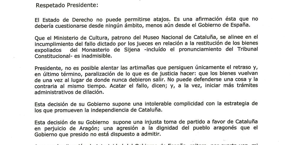 El Gobierno de Aragón exige a Rajoy que respete las sentencias judiciales sobre los bienes y no se sitúe al margen de la ley como avalista de la Generalitat