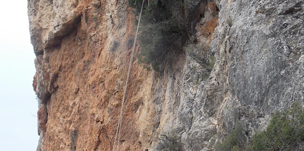 Desmontaje de una vía de escalada ilegal en Castillonroy en defensa del águila perdicera