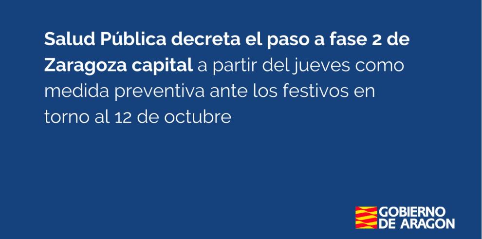 Salud Pública decreta el paso a fase 2 de Zaragoza capital a partir del jueves como medida preventiva ante los festivos en torno al 12 de octubre