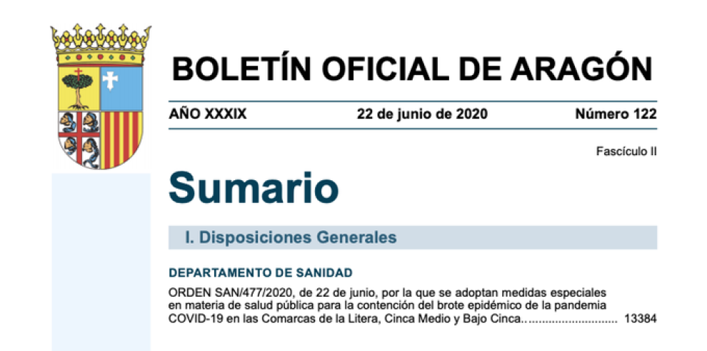 Órdenes se adoptan medidas especiales en materia de salud pública para la contención del brote epidémico de la pandemia COVID-19 en las Comarcas de la Litera, Cinca Medio y Bajo Cinca, y en Bajo Aragón-Caspe/Baix-Aragço-Casp