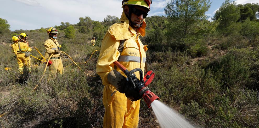 El simulacro de un incendio forestal en Nonaspe pone a prueba la coordinación de los dispositivos de extinción catalanes y aragoneses