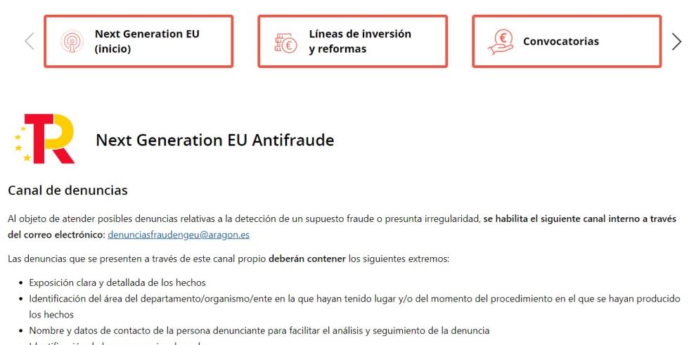 Portal del Plan Antifraude del Gobierno de Aragón para los fondos MRR