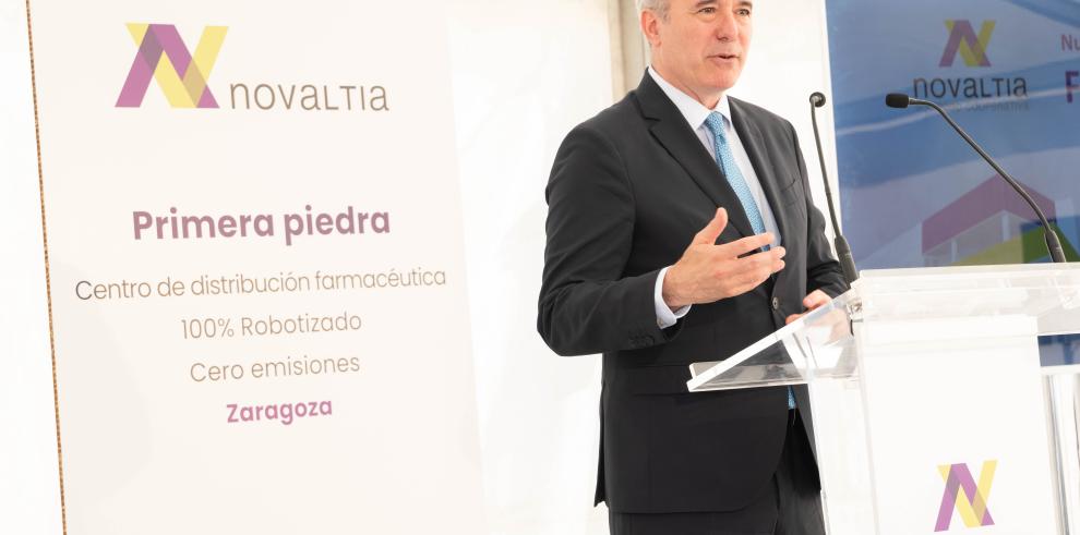 El presidente del Gobierno de Aragon, Jorge Azcon, participa en la colocación de la primera piedra de las nuevas instalaciones de Novaltia