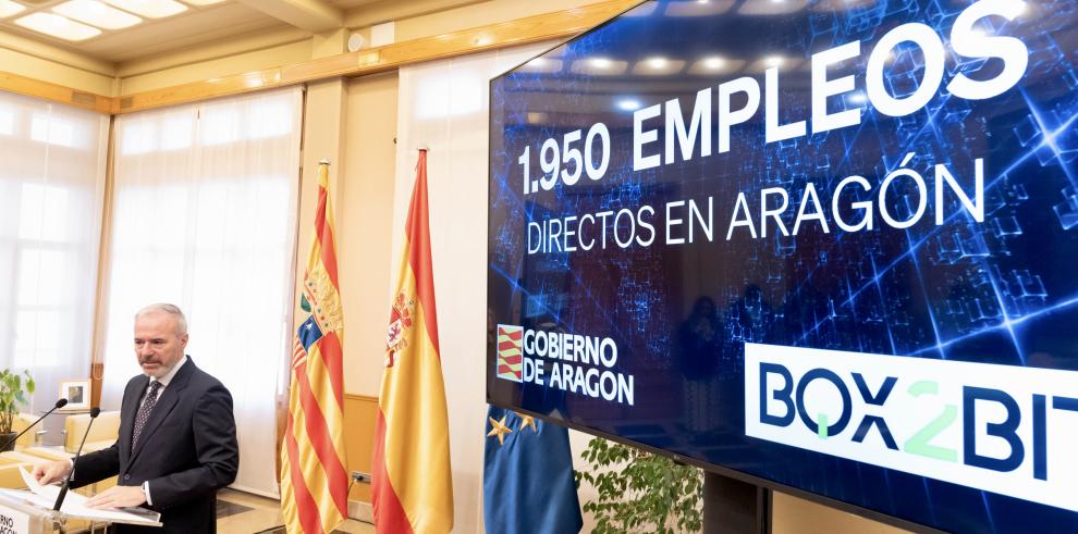 El presidente Jorge Azcón anuncia en rueda de prensa una nueva inversión de la empresa BOX2BIT