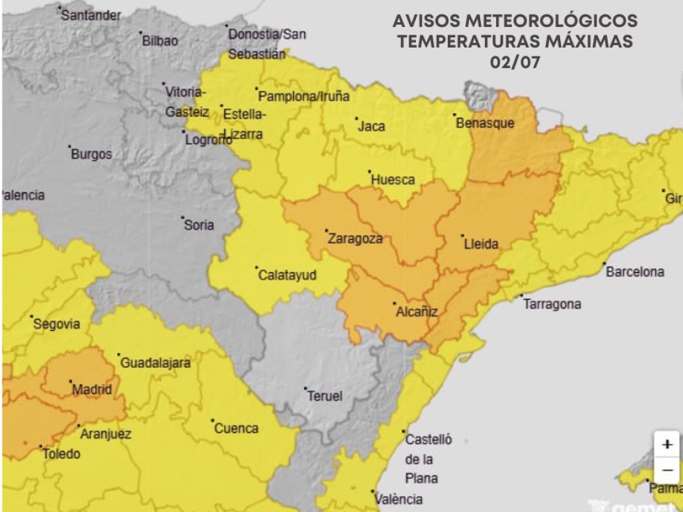 Imagen del artículo Aviso naranja por temperaturas máximas en Huesca sur, Ribera del Ebro y Bajo Aragón para mañana, día 2 de julio