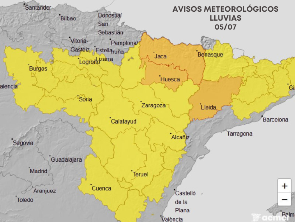 Imagen del artículo Aviso naranja por lluvias en Pirineo y sur de Huesca para este sábado, 5 de julio, entre las 14:00 y las 23:59h