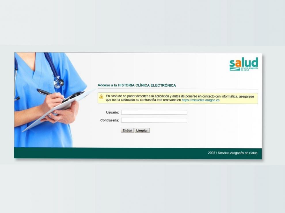 Pantalla de inicio de la historia clínica electrónica única de Aragón.