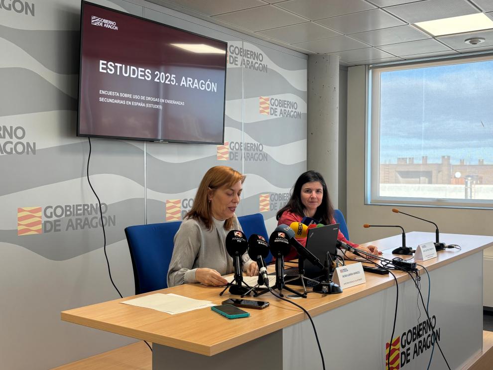 La directora general de Salud Pública, Nuria Gayán, y la jefa de Servicio de Prevención y Programas de Salud Pública, Ana Clavería, durante la presentación de los resultados de la encuesta ESTUDES 2025 en Aragón.