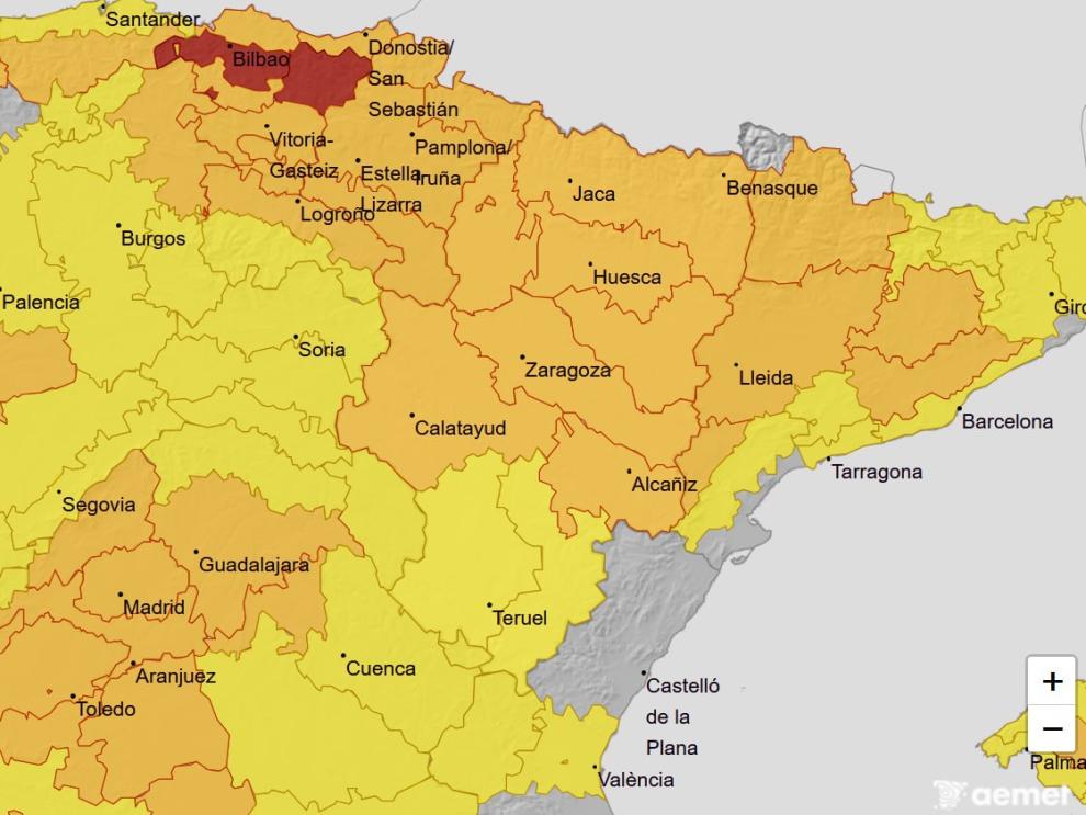 El aviso naranja afecta a gran parte de Aragón, como se puede apreciar en la imagen
