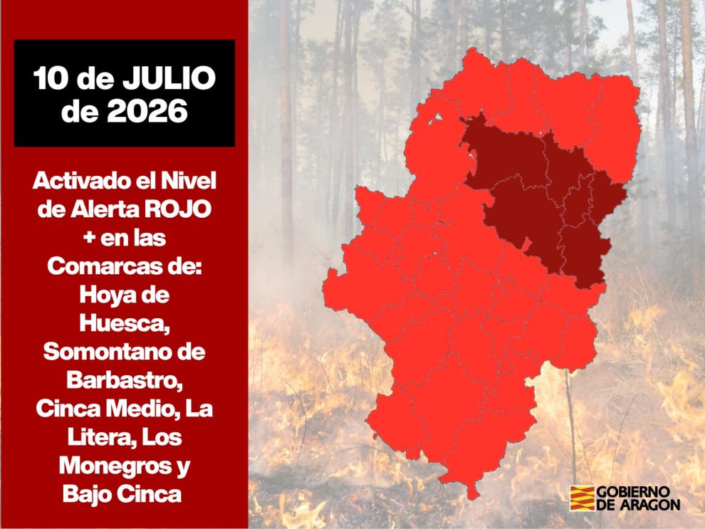 El Gobierno de Aragón decreta la Alerta Rojo Plus por riesgo de incendios forestales en seis comarcas para este viernes