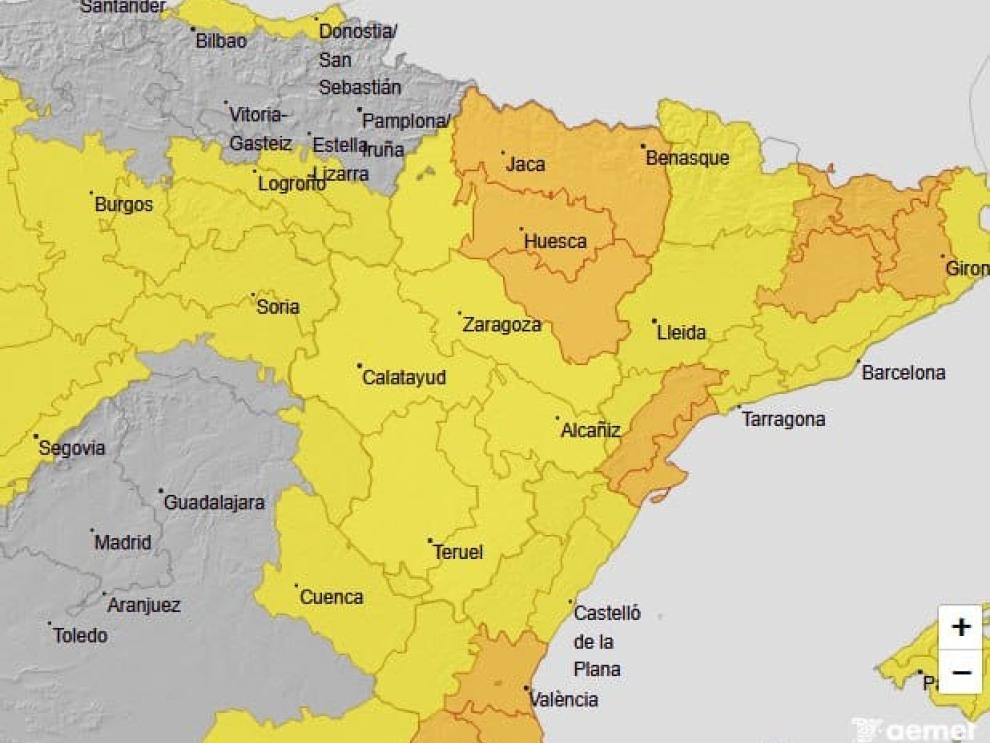 Huesca, en aviso naranja por lluvias y tormentas, y Zaragoza y Teruel, en nivel amarillo.