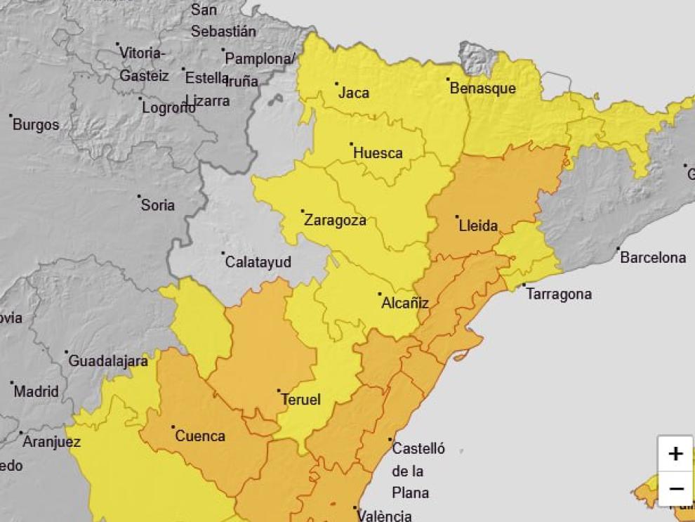 Mapa de avisos para mañana entre las 14:00 y las 23:59.