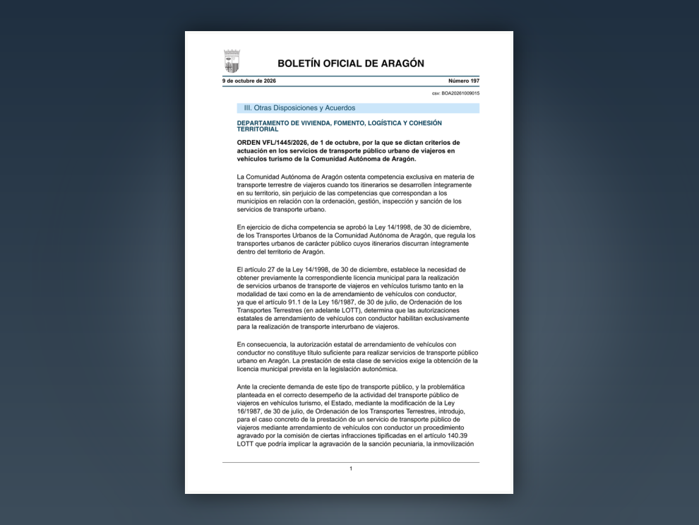 El BOA publica hoy la orden firmada por el consejero de Vivienda, Fomento, Logística y Cohesión Territorial.