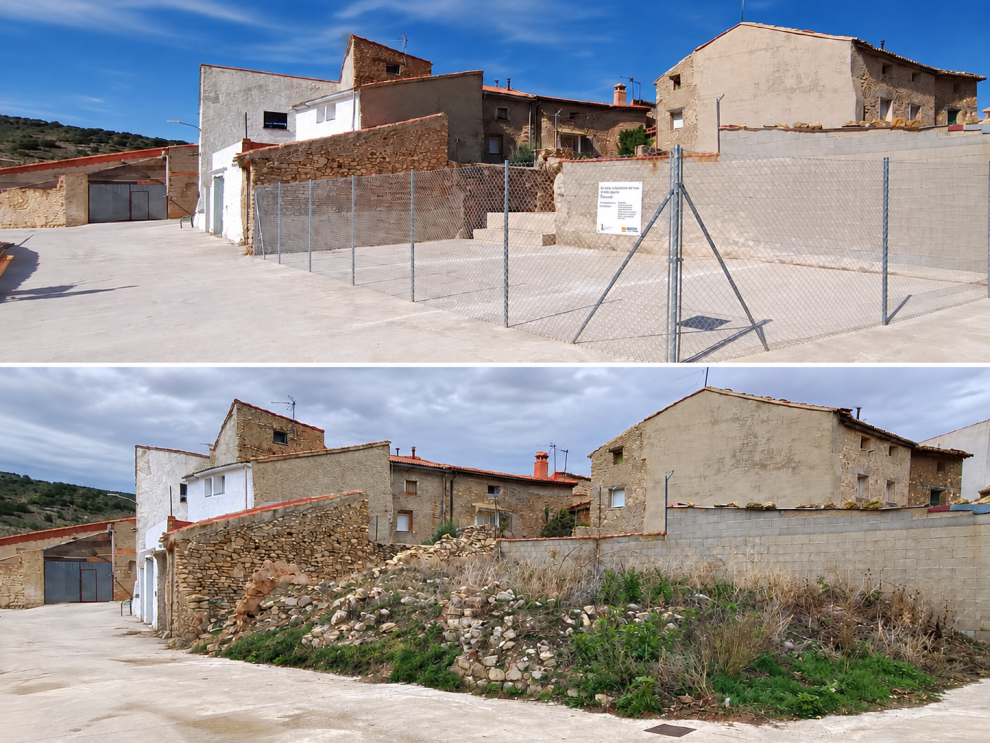 Fotografía del después y el antes de un derribo ejecutado en Anadón (Teruel) con subvención de convocatoria anterior de la Dirección General de Despoblación.