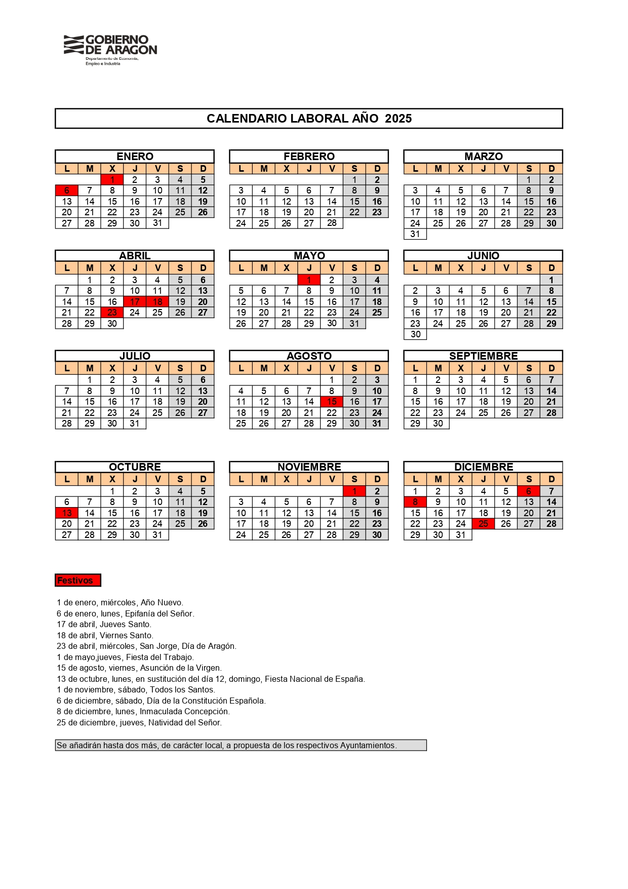 Publicado el calendario laboral 2025